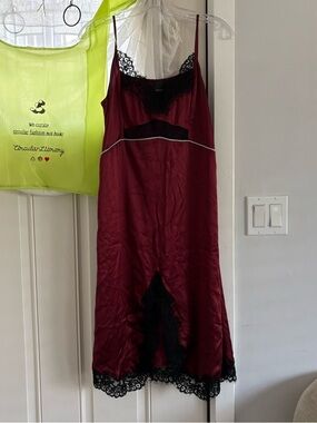 Pinko Burgundy Satin Dress with Black Lace Accents sexy!